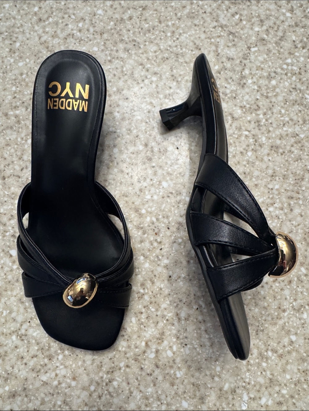 Madden NYC Black Leather Mid-Heel Slide Mules with Gold Accent